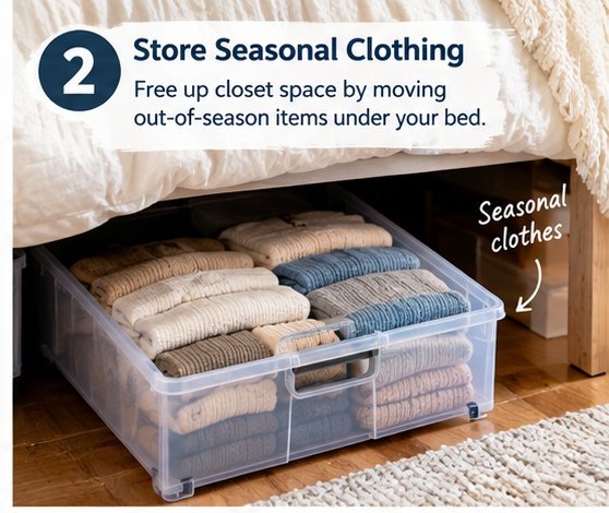 Seasonal clothing stored under a bed