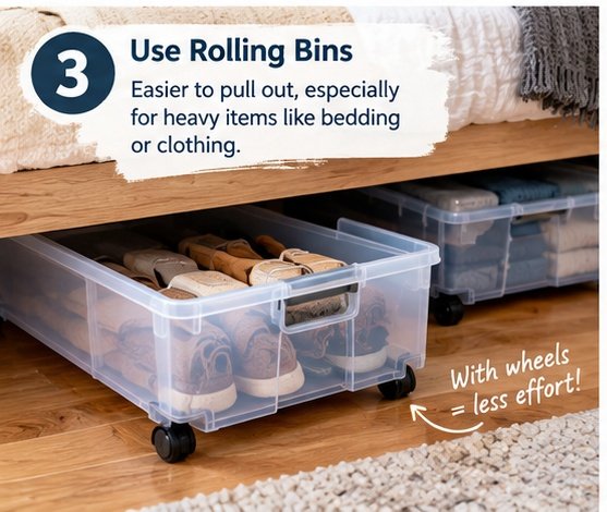 Rolling bins used for under-bed storage
