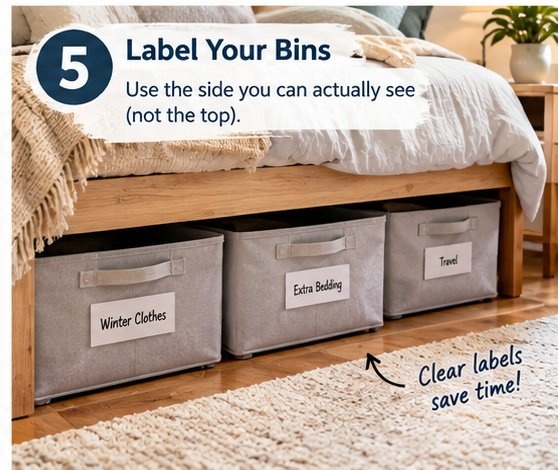 Labeled under bed storage bins organized under a bed