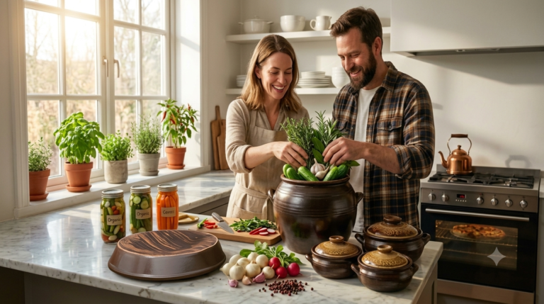Western couple using traditional Korean Onggi jar with flat lid for food fermentation