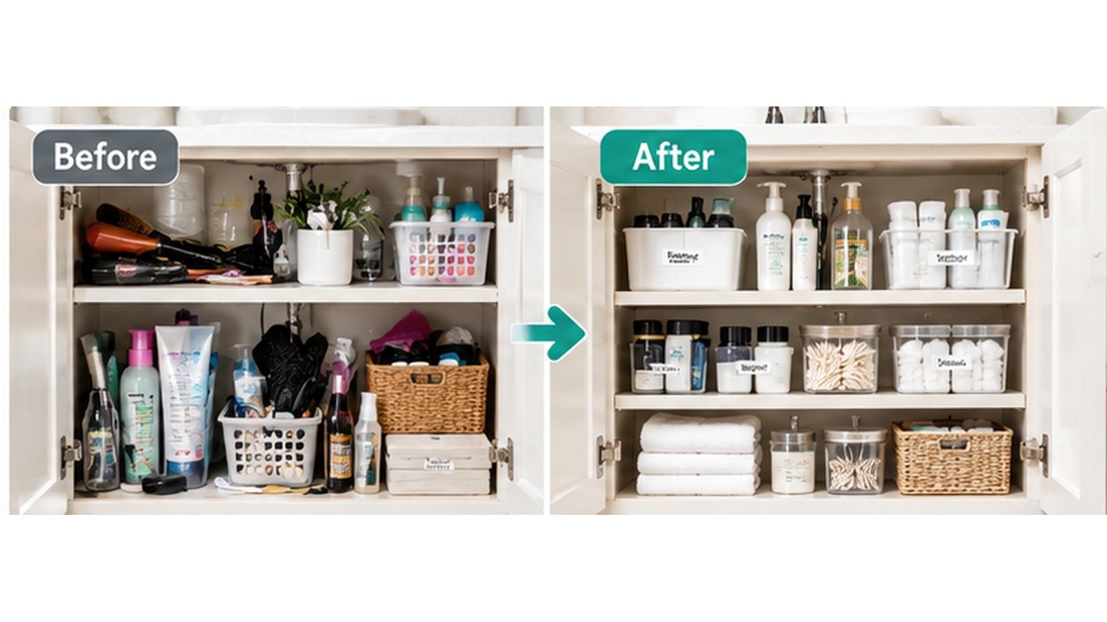 Bathroom cabinet before and after organization