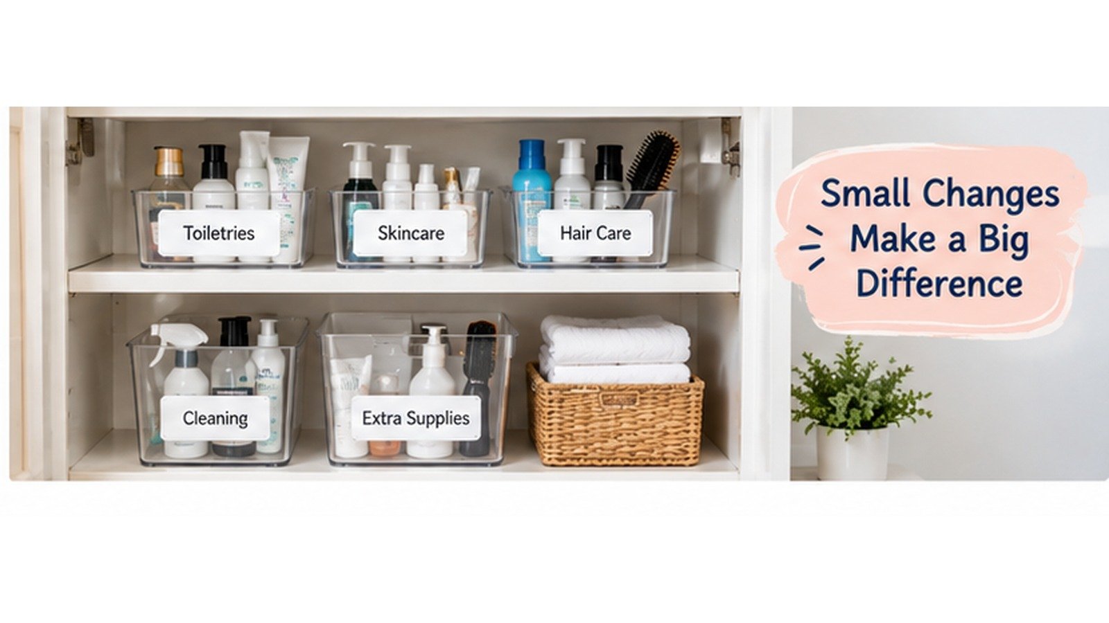 Small storage bins used to organize bathroom cabinet products