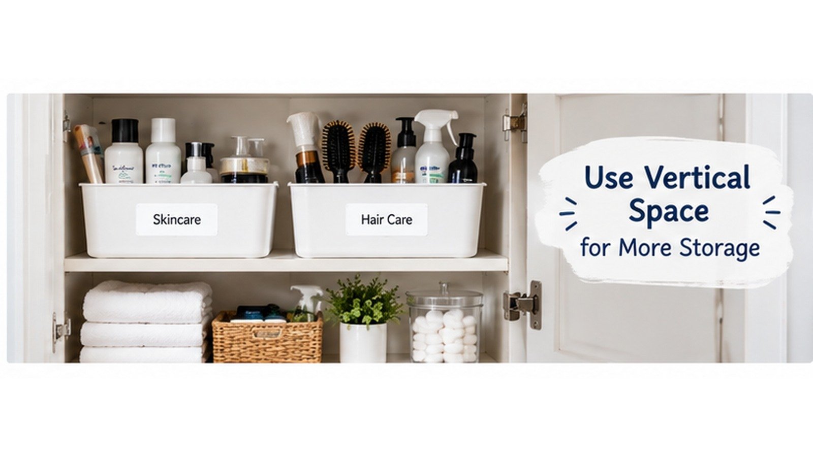 Vertical storage organizers maximizing bathroom cabinet space