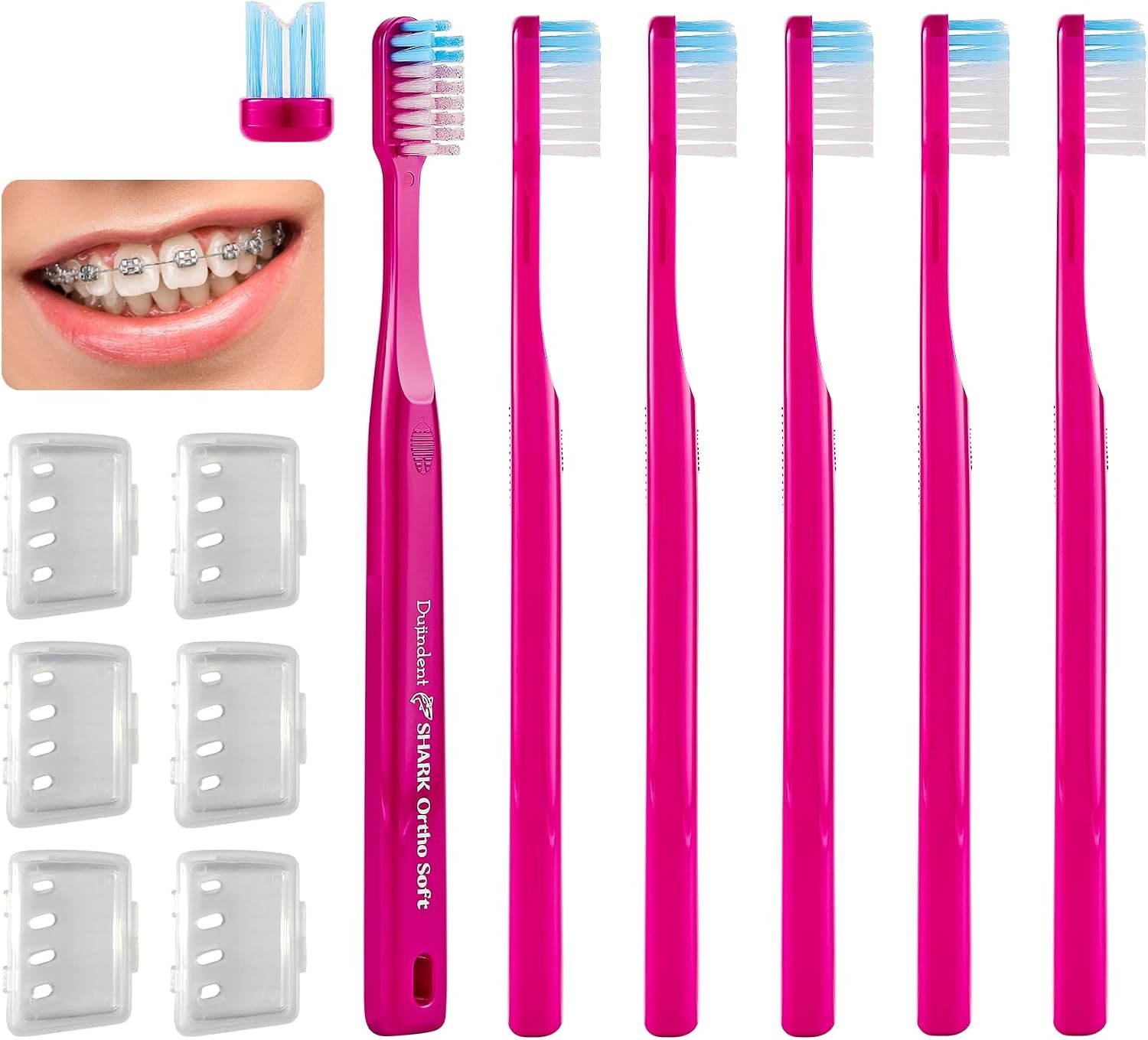 dujindent toothbrush for braces 6 pack set with travel caps