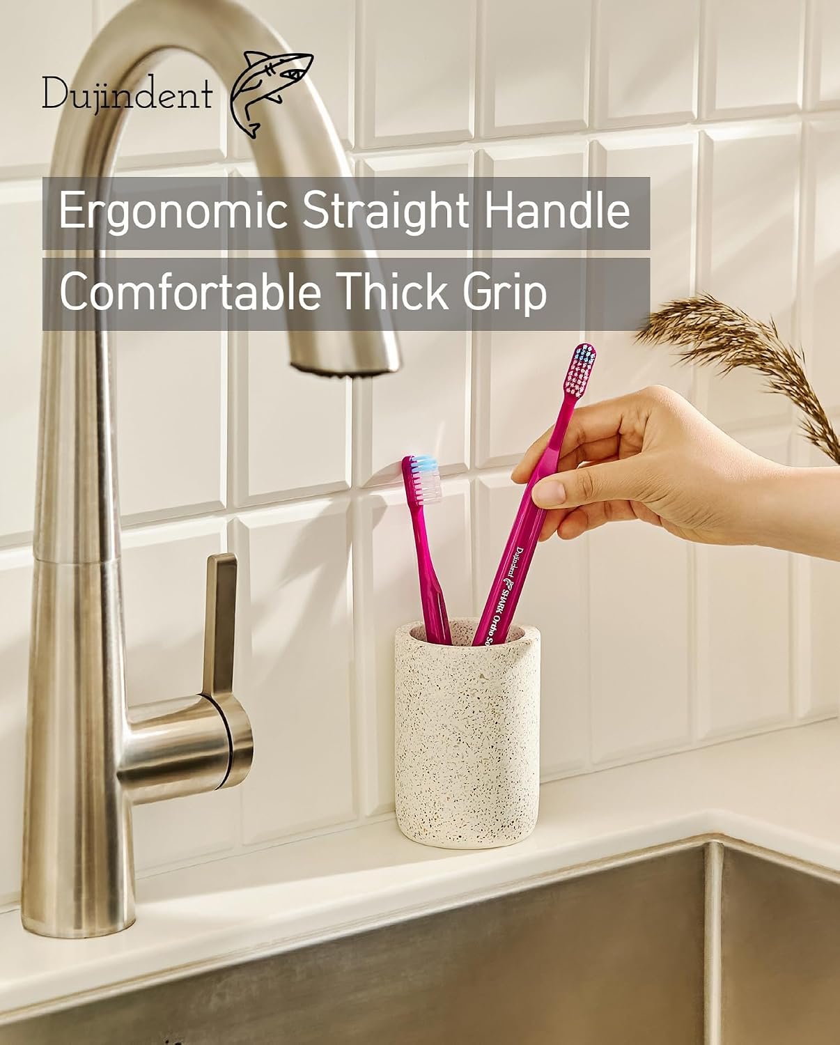 dujindent toothbrush for braces in a modern family bathroom