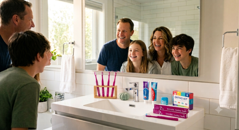 Happy family with braces in modern bathroom using the best toothbrush for braces as a thoughtful gift