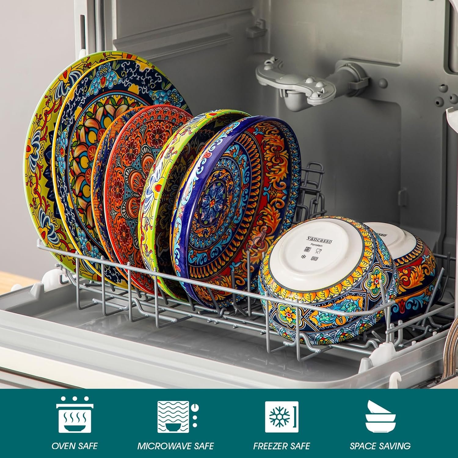 vancasso Bohemian Dinnerware Set inside dishwasher rack for easy cleaning