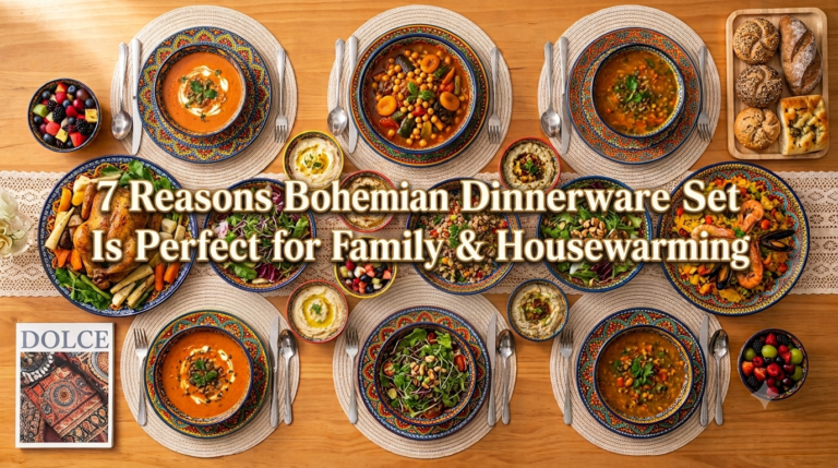 vancasso Bohemian Dinnerware Set flat lay on family dining table