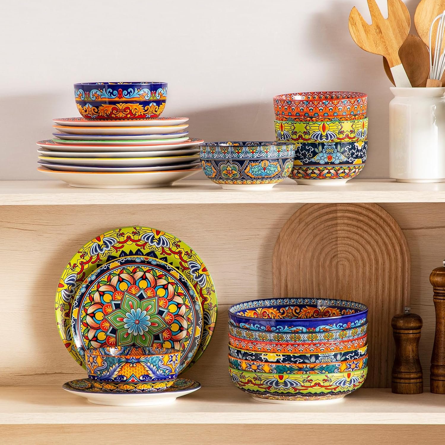 Neatly stacked Bohemian Dinnerware Set on wooden kitchen cabinet shelf