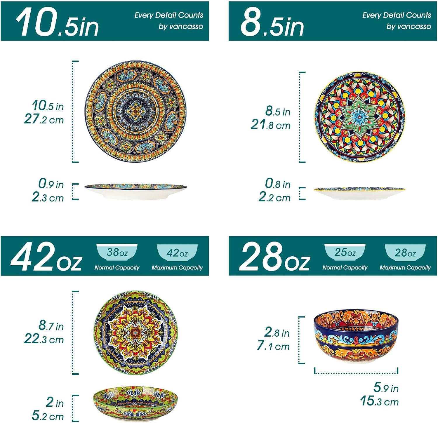 Exact dimensions of Bohemian Dinnerware Set plates and deep pasta bowls