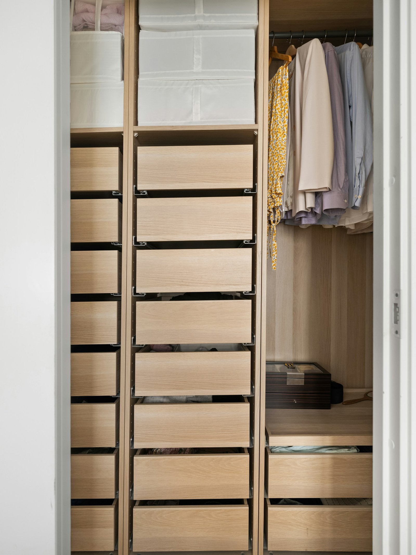 Closet storage with shelves and drawers for small spaces