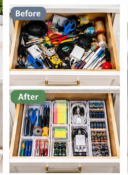 Cluttered junk drawer transformed into an organized kitchen drawer