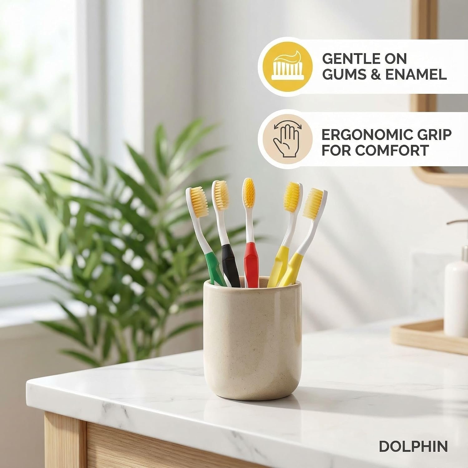 Dolphin Gold Toothbrush daily bathroom setup for family oral health