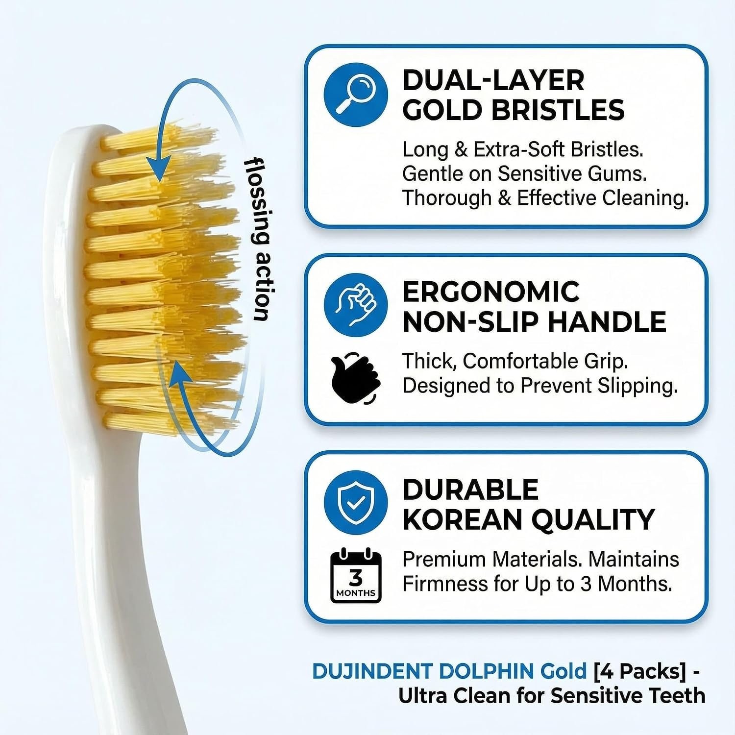 Dolphin Gold Toothbrush dual layer flossing action feature