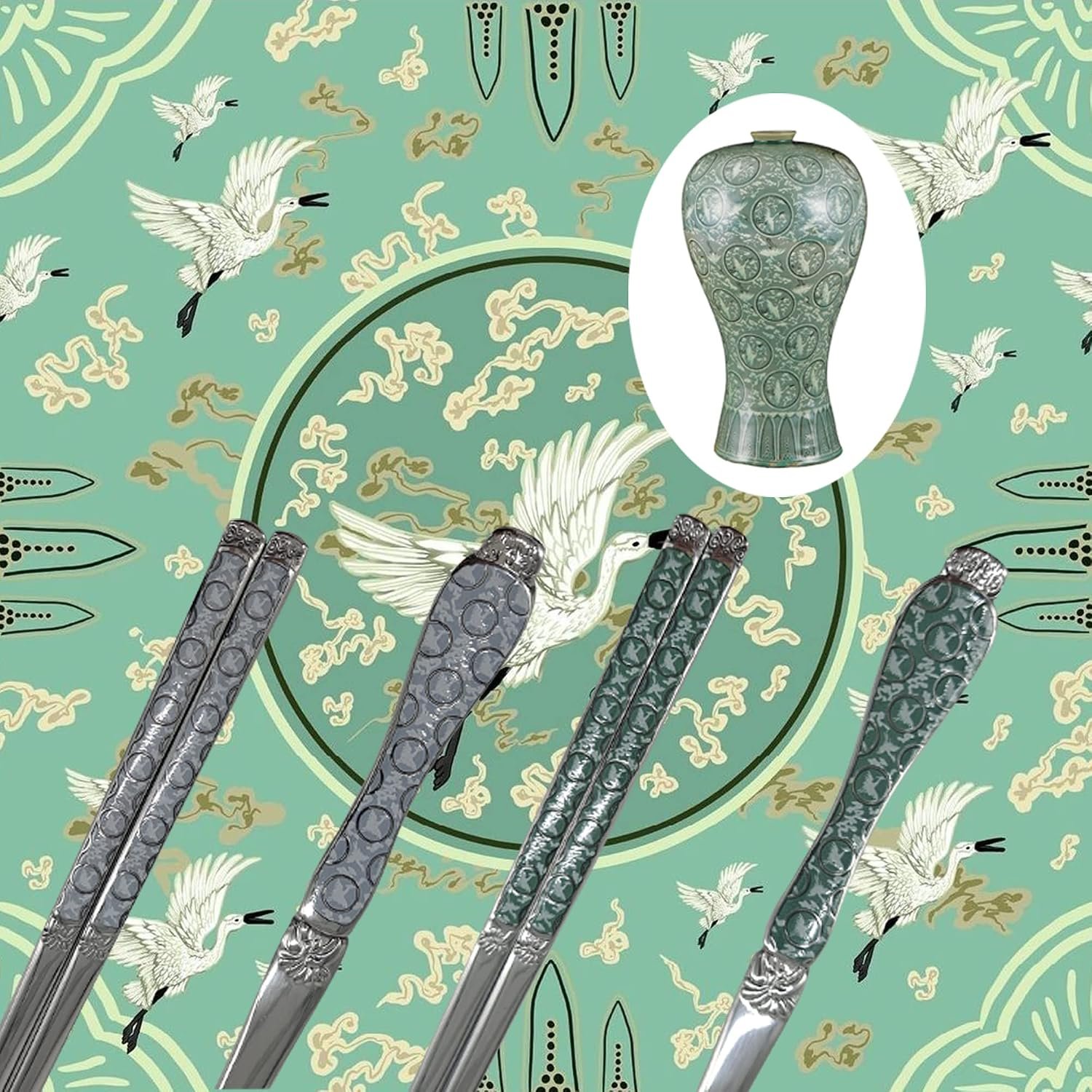 Traditional Korean heritage celadon pattern metal asian chopsticks set