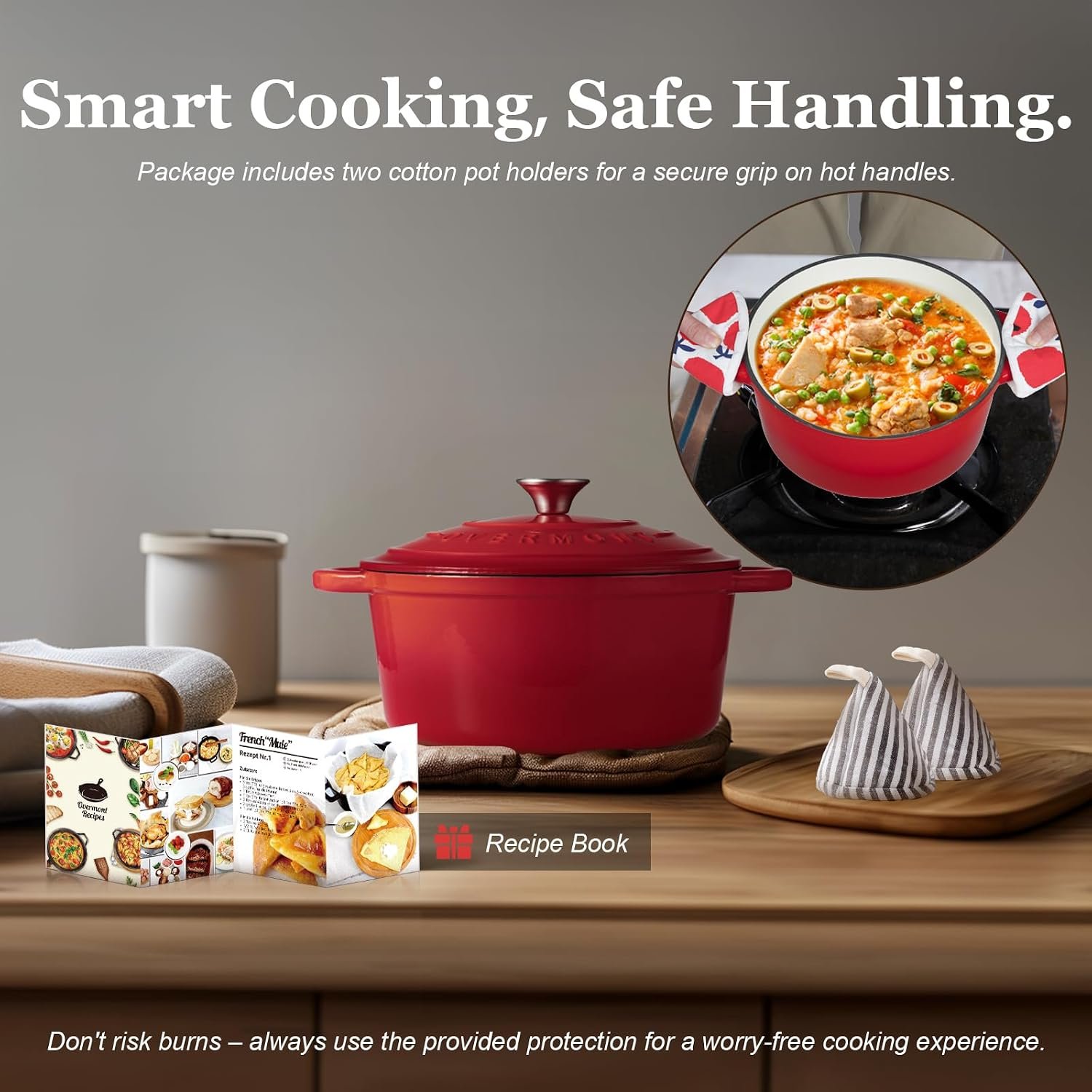 Enameled Cast Iron Dutch Oven with cotton pot holders and recipe book