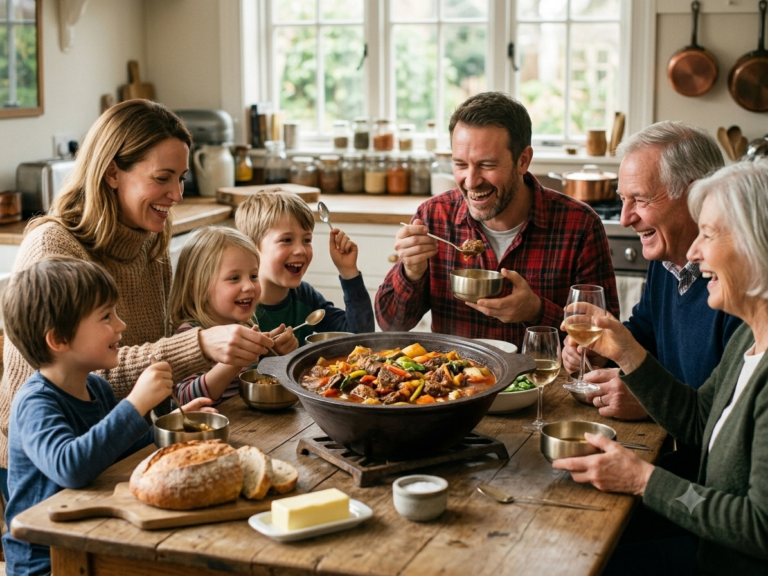 A happy Western multi-generational family, including parents, children, and grandparents, laughing and joyfully sharing a hearty meal directly from a traditional Korean cast iron gamasot pot on a rustic wooden table. The gamasot, with its distinct seasoning patina, is centered among the smiling family members.