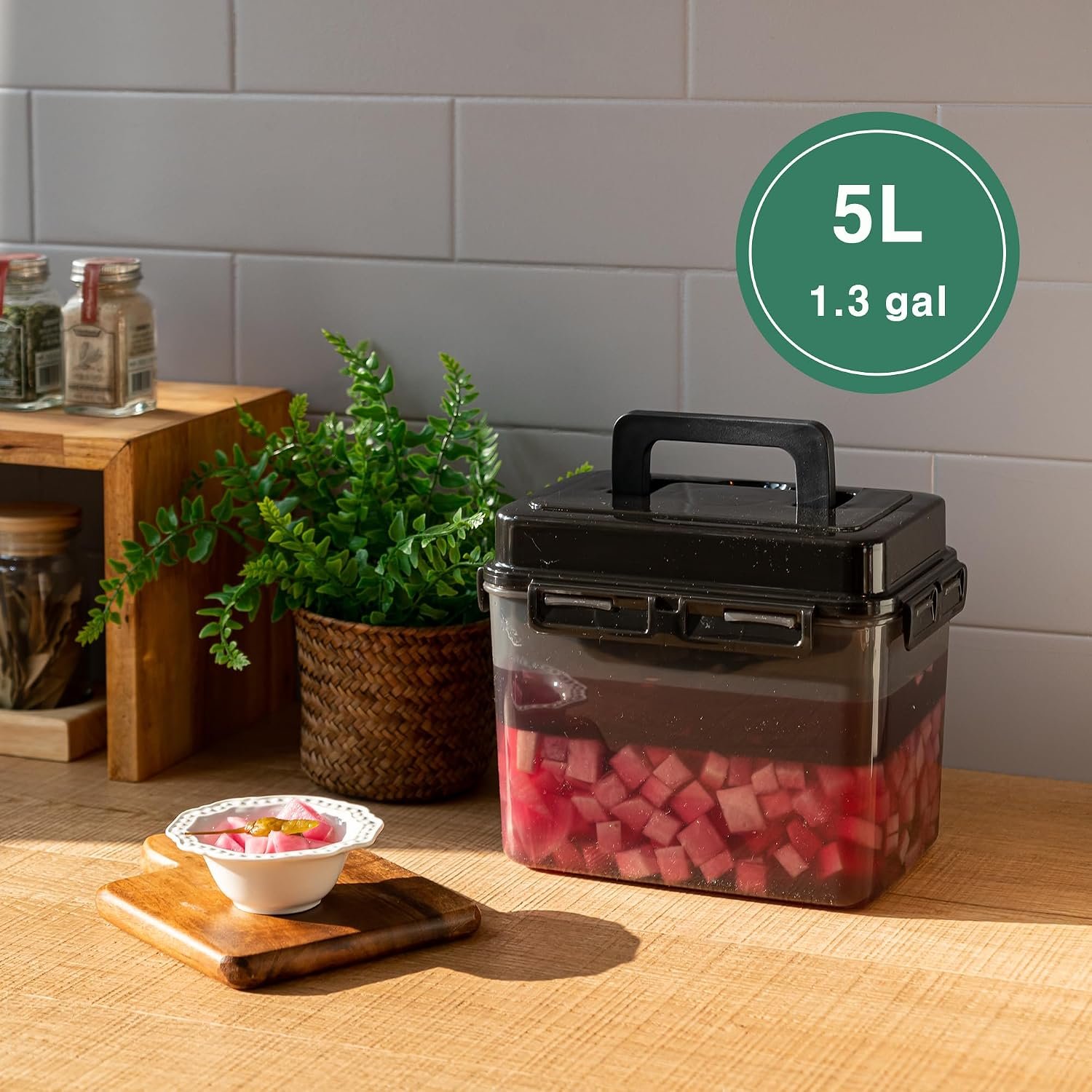 Fermentation container for kimchi placed on a cozy kitchen counter
