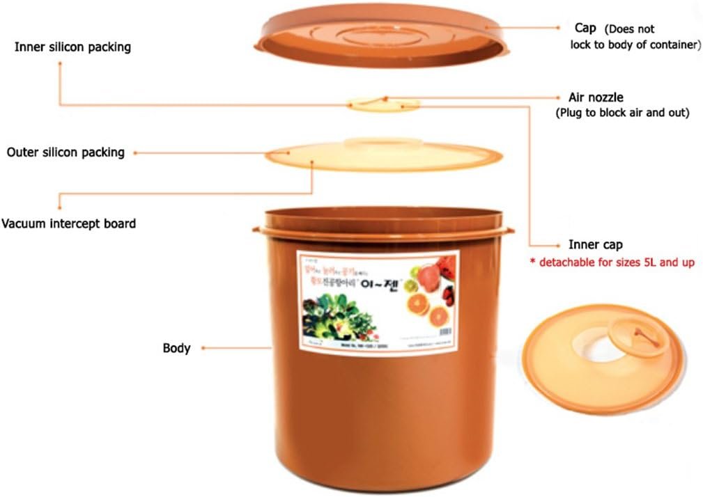 Fermentation container for kimchi showing vacuum press lid structure