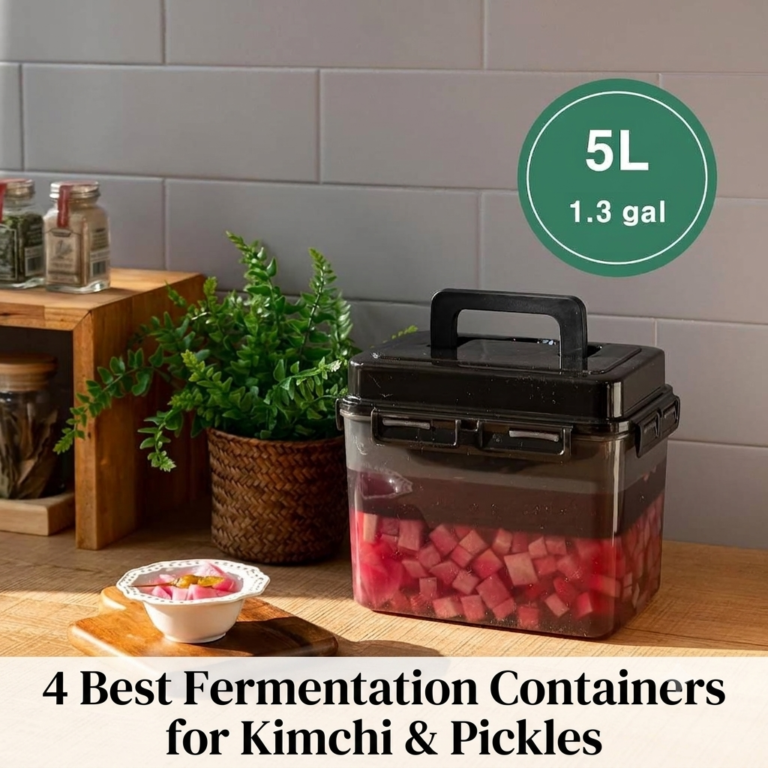 4 plastic fermentation containers for kimchi lined up on a modern kitchen counter for family meal prep
