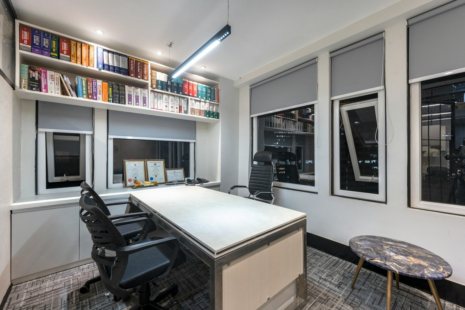 Vertical shelves used for small home office storage