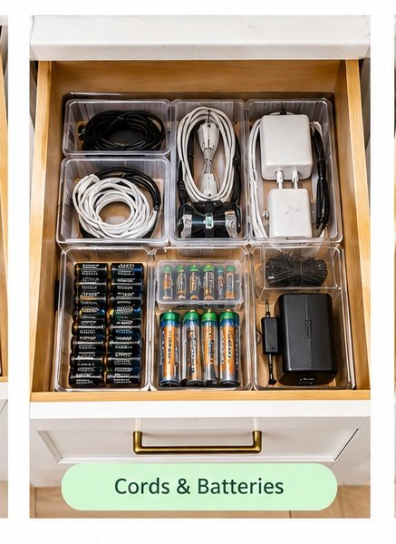 Cords batteries and small accessories organized in a kitchen drawer