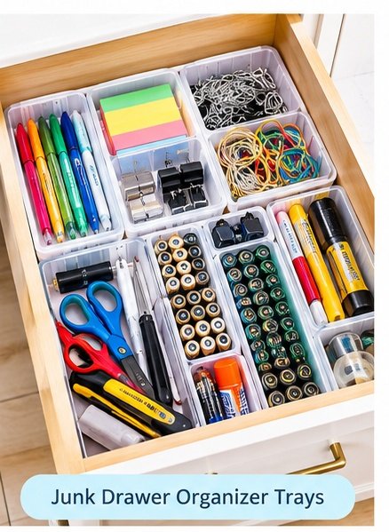 Small organizer trays separating items in a junk drawer