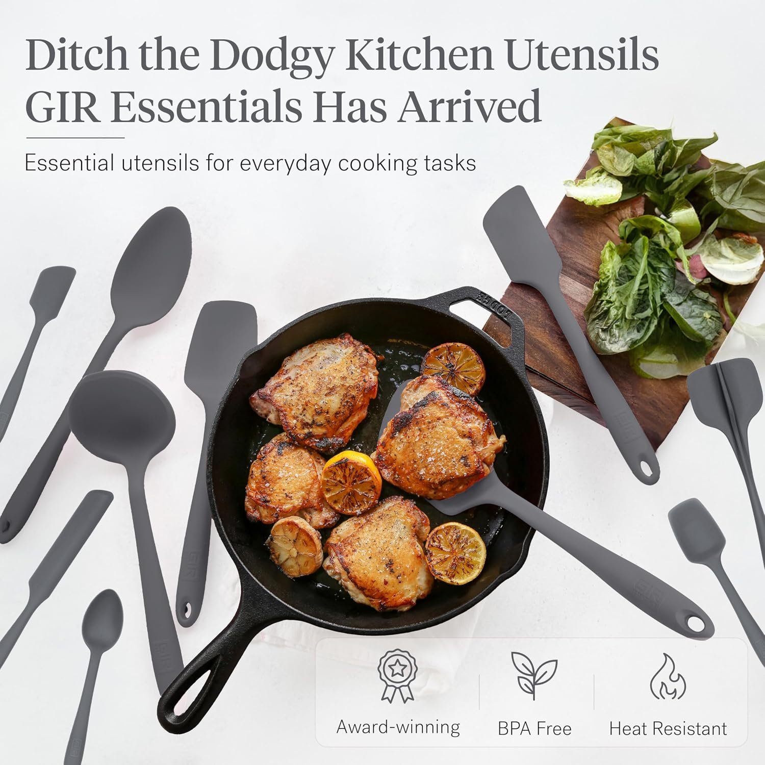 Silicone Kitchen Utensil Set stirring food in cast iron skillet