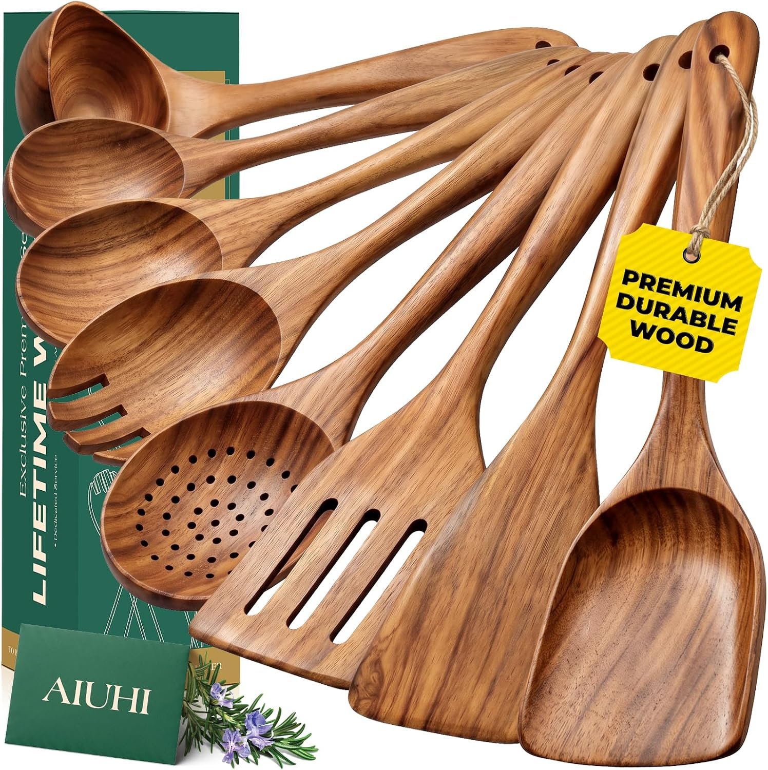 Natural Teak Wooden Kitchen Utensil Set with spoons and spatulas