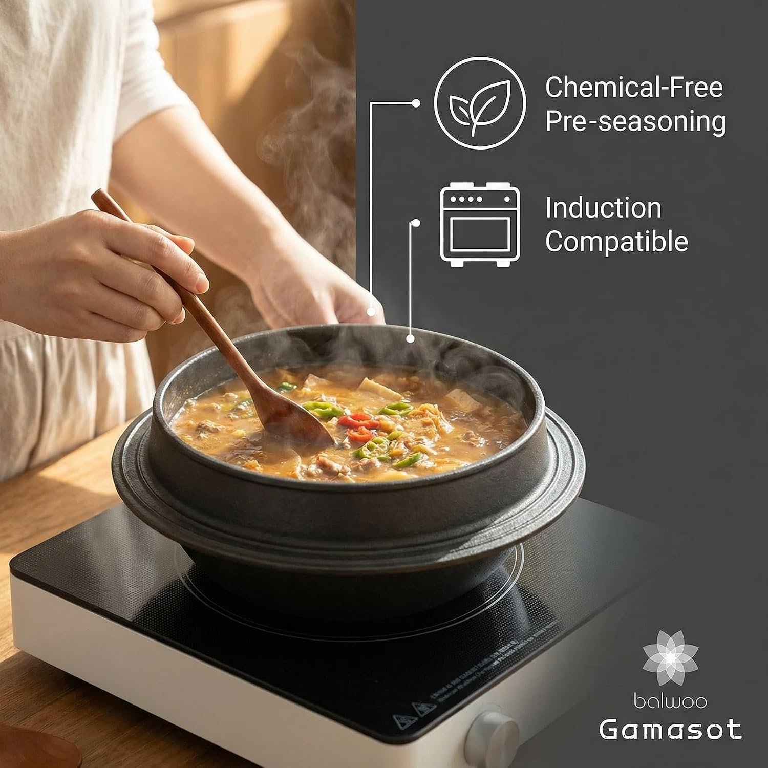 korean cast iron cauldron pot boiling stew on induction cooktop
