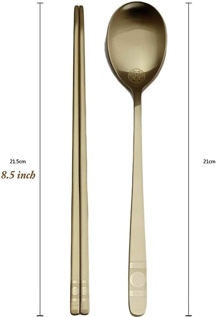 Exact dimensions of Korean Gold Titanium Cutlery Set showing 8.5 inch chopsticks