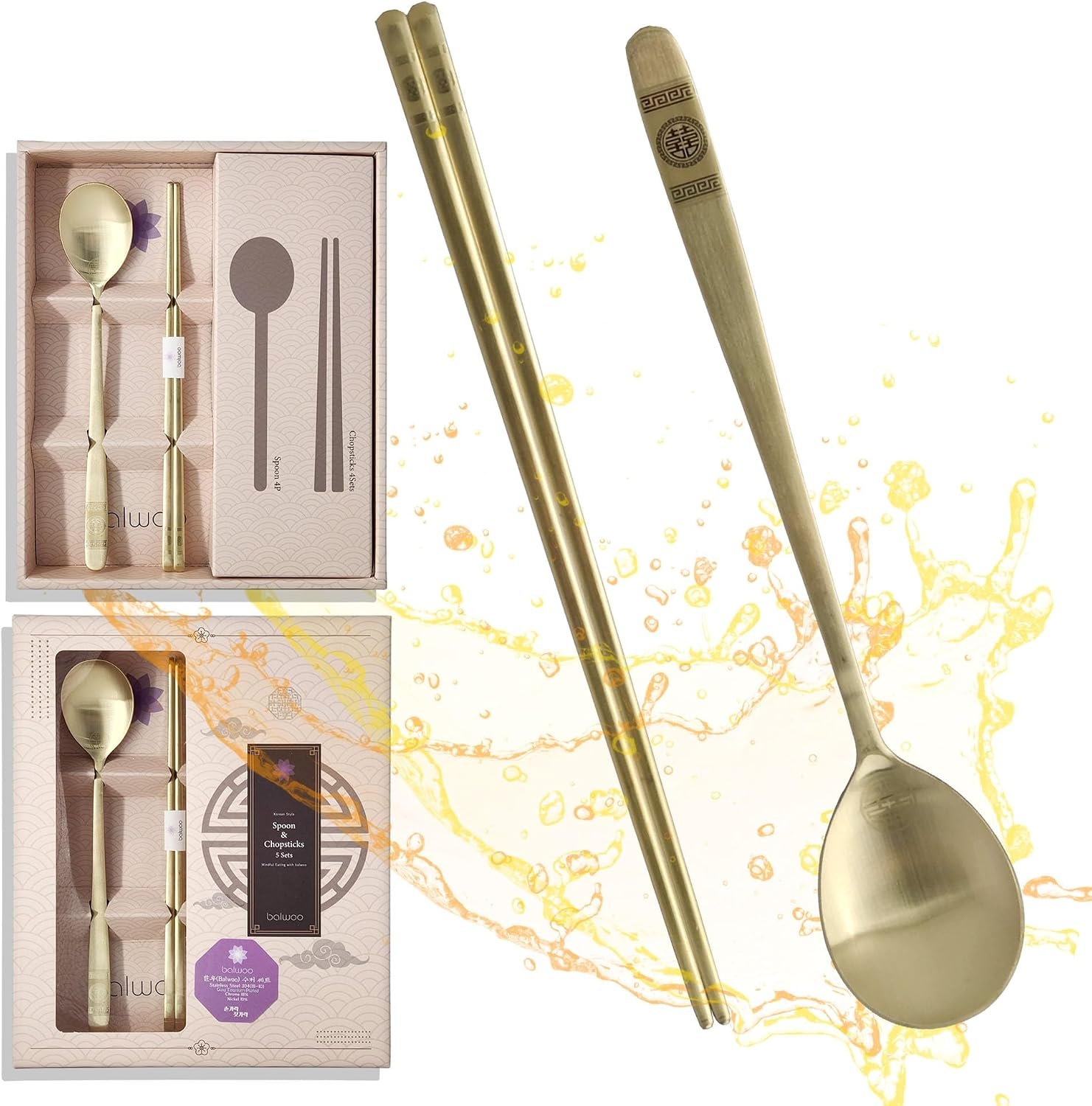 Korean Gold Titanium Cutlery Set in traditional gift box packaging