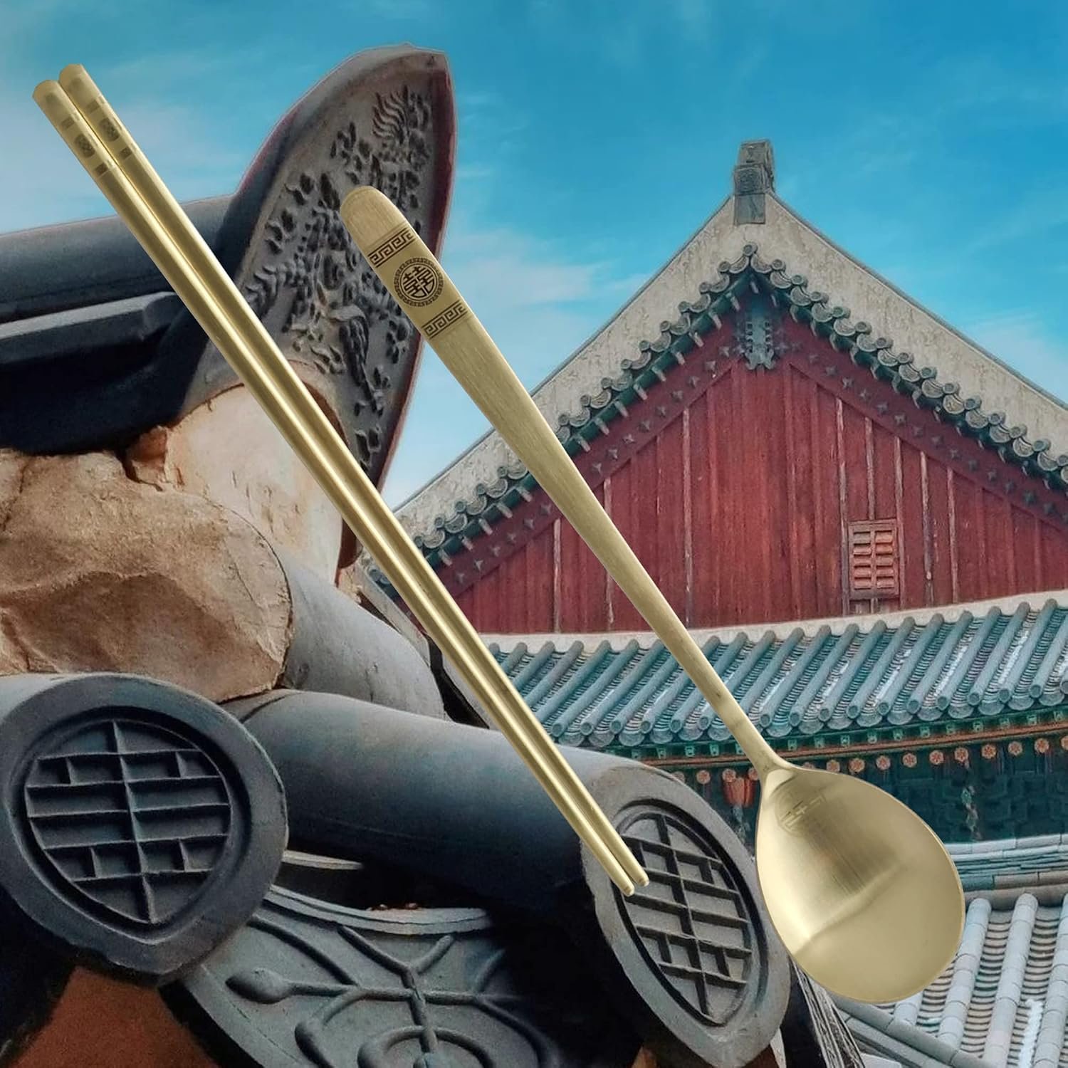 Korean Gold Titanium Cutlery Set framed against traditional palace architecture