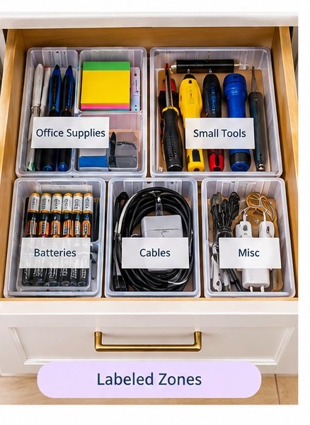 Labeled sections keeping a junk drawer organized and easy to use