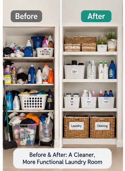 Laundry room before and after organization with cleaning supplies and storage baskets