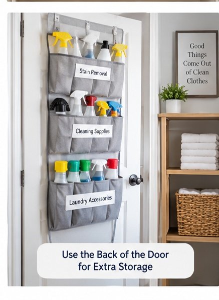 Laundry room door organizer used to store cleaning and laundry supplies