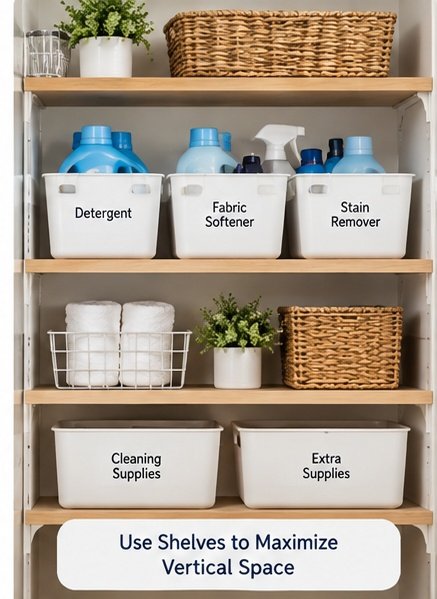 Laundry room shelves organized with detergent cleaning supplies baskets and towels