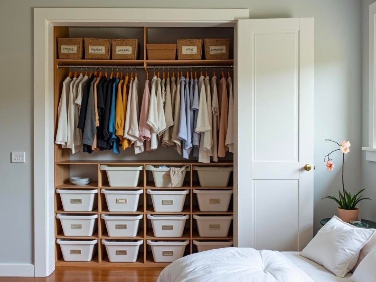 Organized closet with labeled storage bins