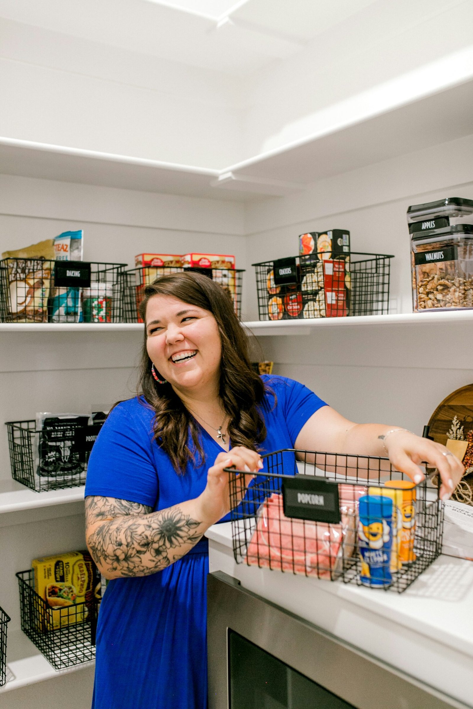 Family-friendly pantry organization with labeled storage baskets