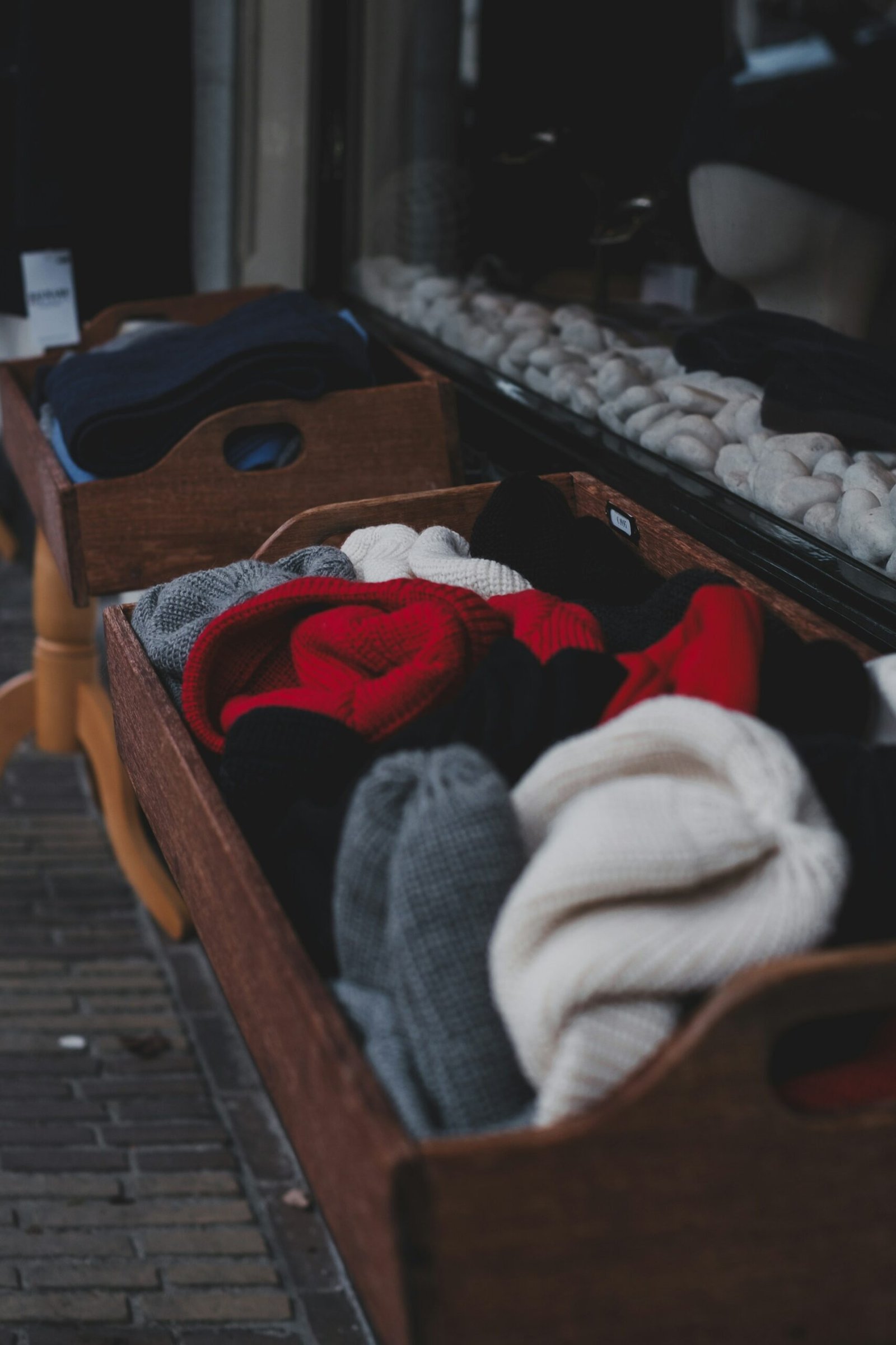 Seasonal clothing and accessories stored in a closet