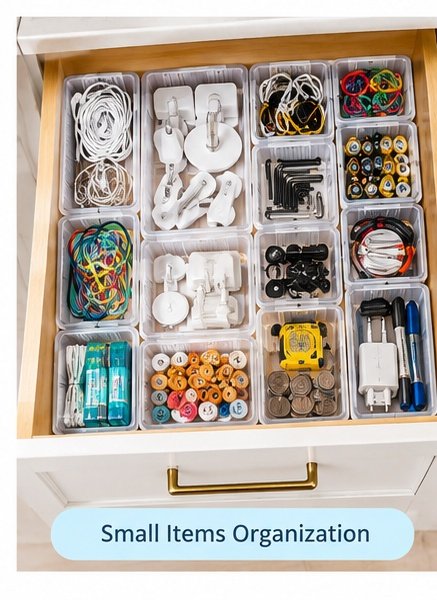 Small household items organized into separate junk drawer compartments