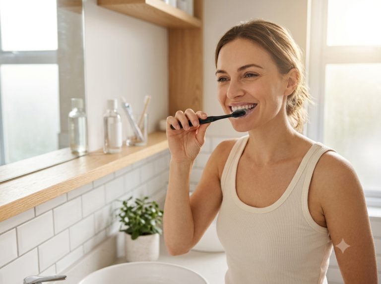 smiling woman using soft toothbrush for sensitive gums in bathroom