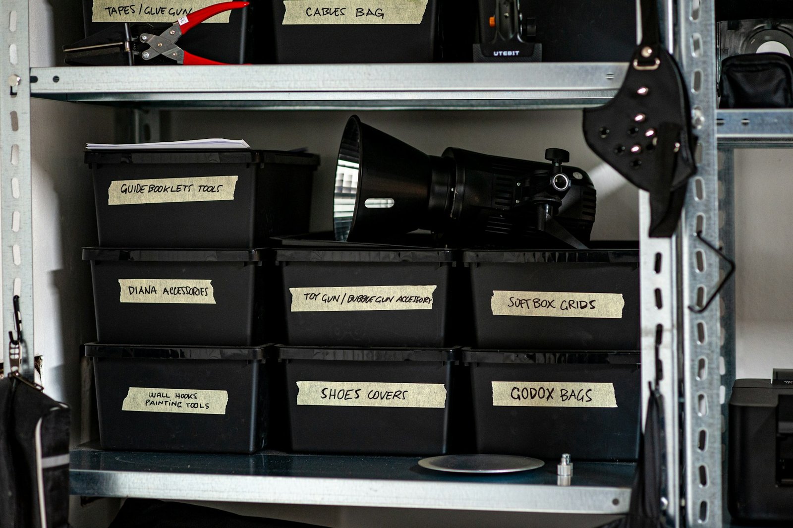 Storage bins arranged on shelves for organized home storage