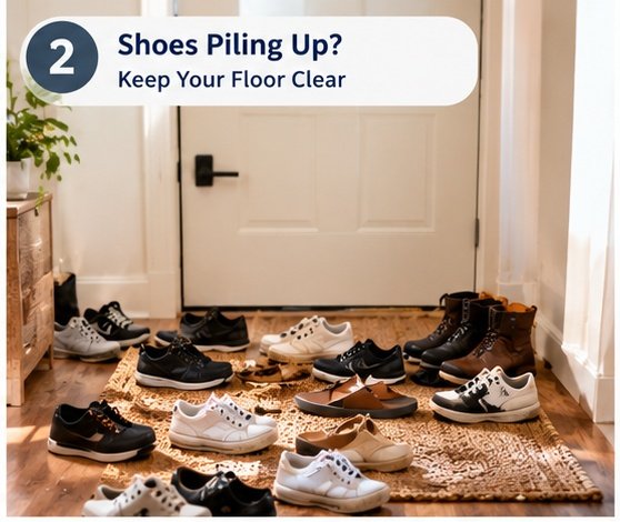 Shoes piling up in a small entryway