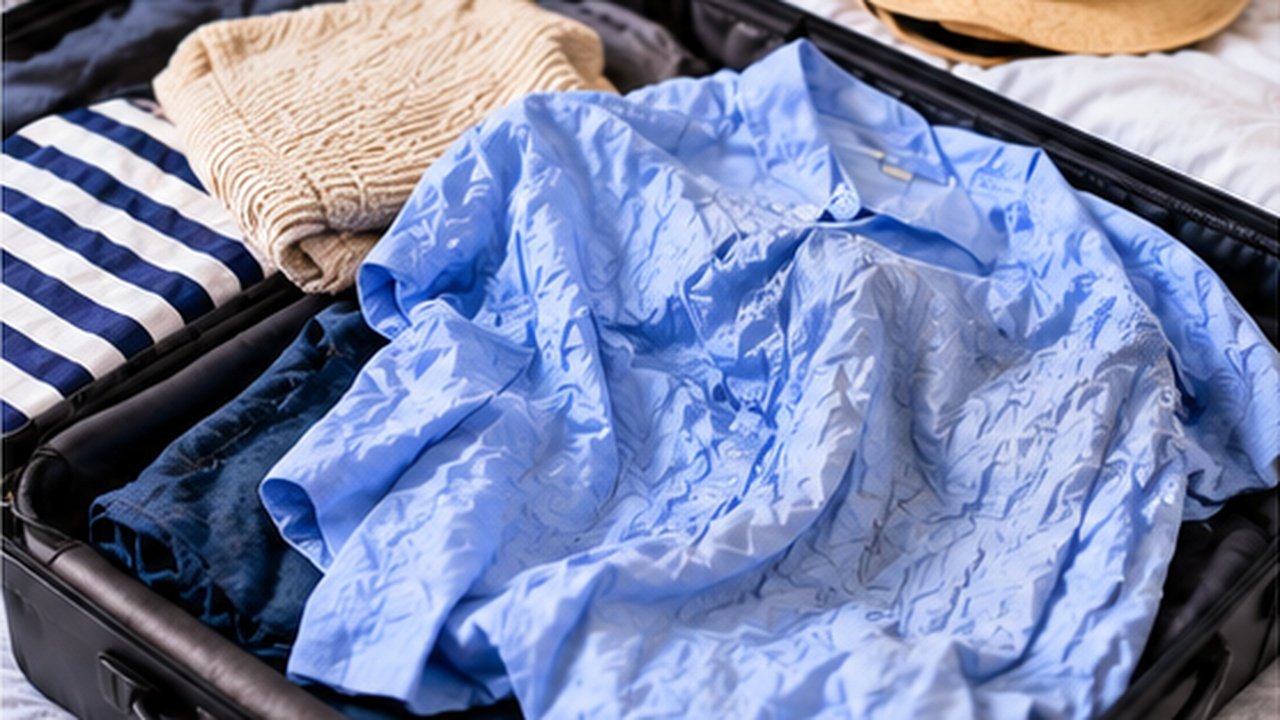Wrinkled clothes packed in a suitcase before travel