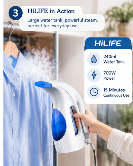 HiLIFE clothes steamer being used for everyday home wrinkle removal