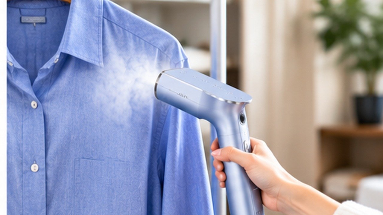 Handheld clothes steamer removing wrinkles from a shirt