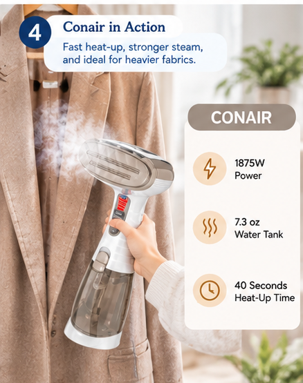 Conair handheld clothes steamer removing wrinkles from heavier clothing