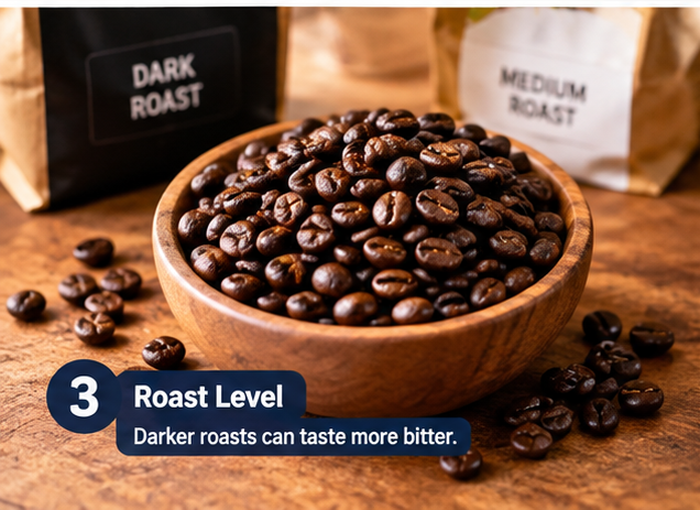 Coffee beans with different roast shades from lighter to darker