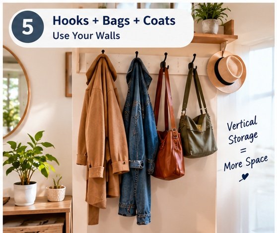 Wall hooks organizing bags and coats in a small entryway